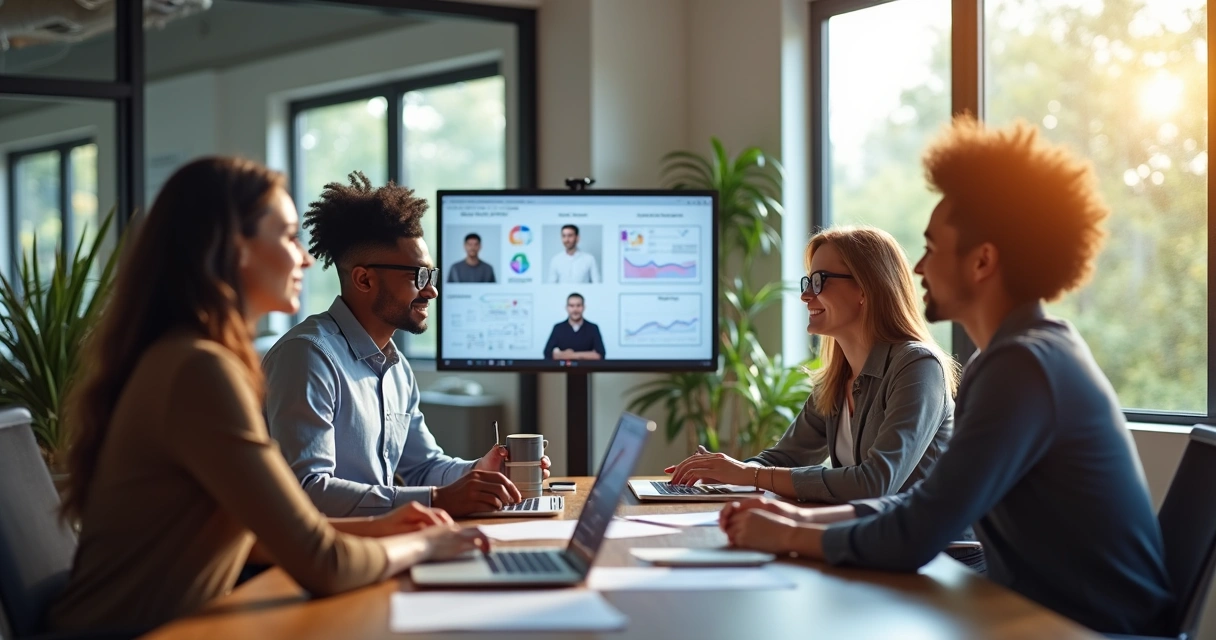 Equipe híbrida em reunião virtual e presencial