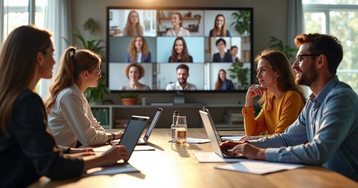 Equipe reunida em videoconferência, com parte dos membros presentes no escritório e outros conectados remotamente 