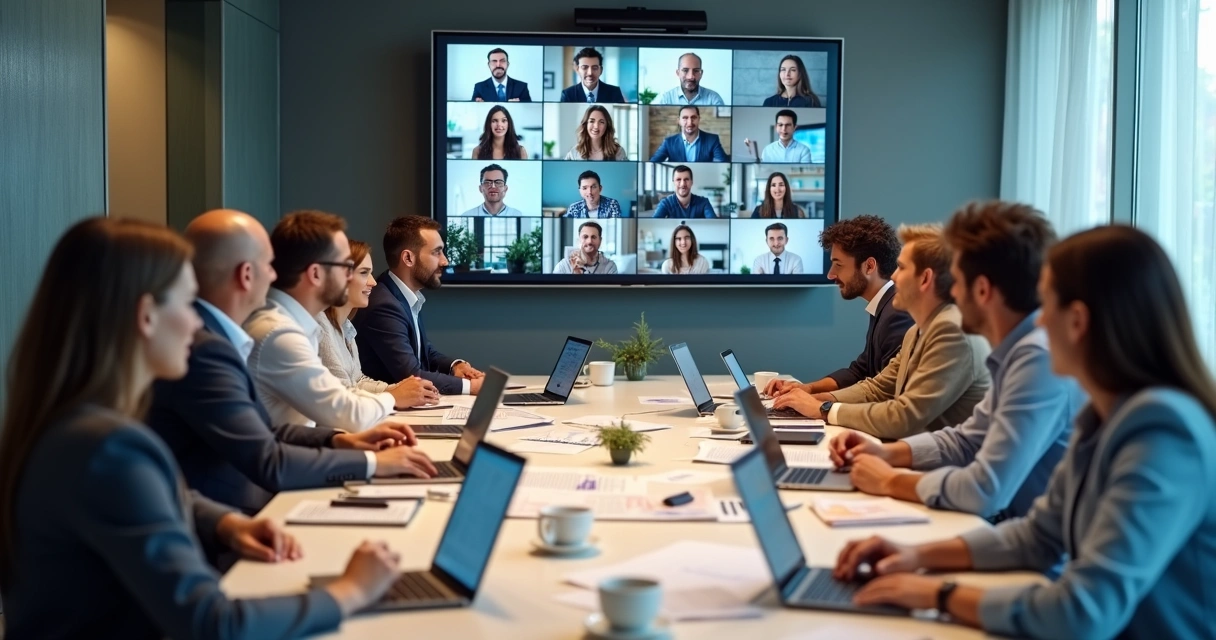 Equipe híbrida reunida em uma mesa com notebooks e tablets