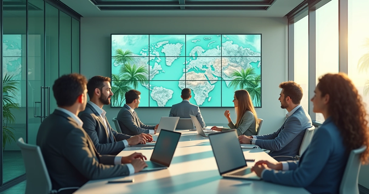 Pessoas em uma equipe híbrida trabalhando juntas em um escritório moderno e com computadores conectados remotamente. 