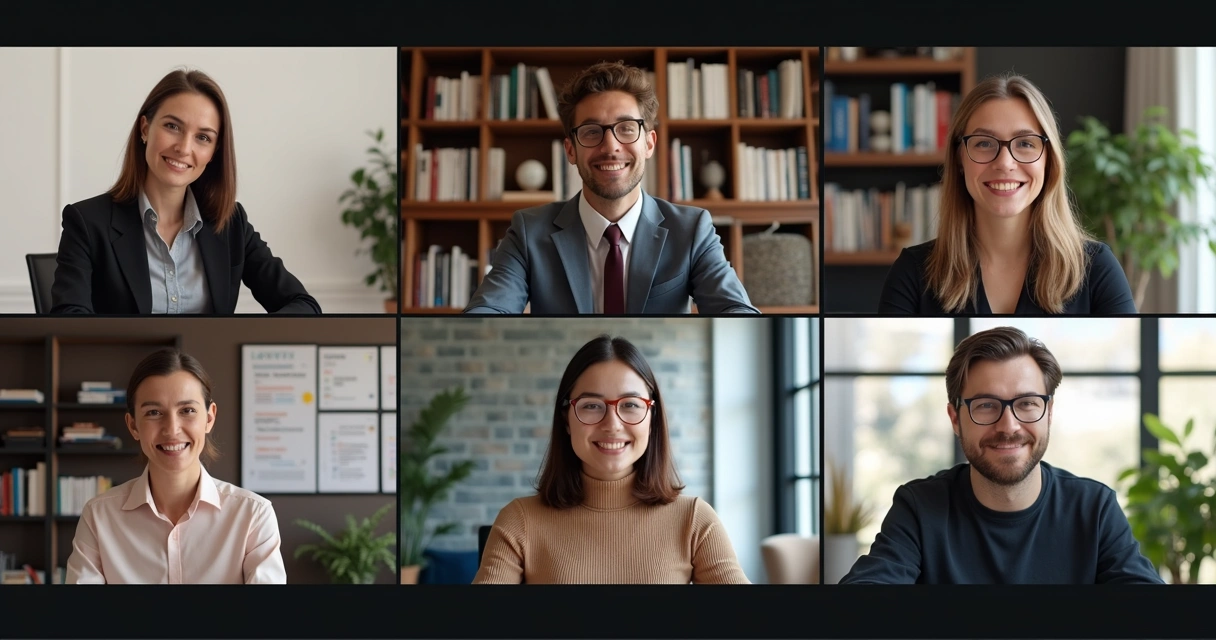 Equipe jurídica participando de reunião online com quadros de tarefas digitais 