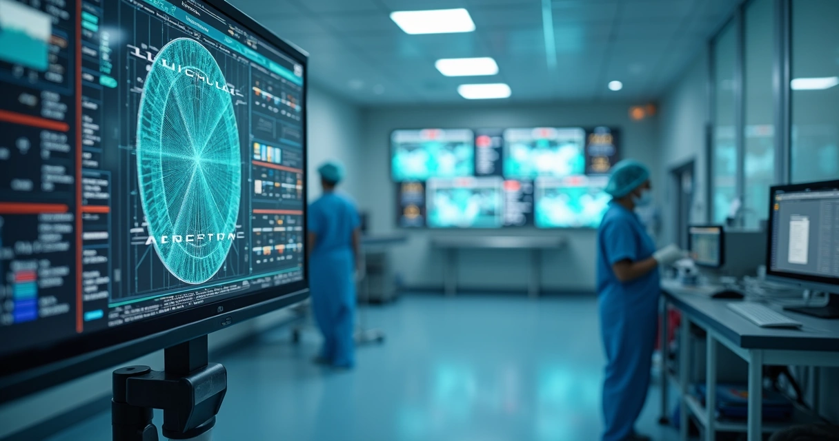 Equipe técnica de hospital monitorando painéis digitais com gráficos de alerta 