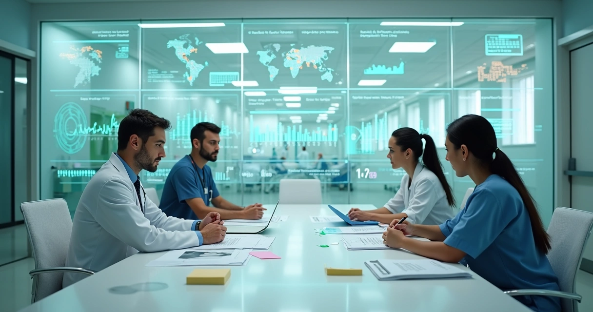 Equipe em hospital planejando suporte proativo com painel digital futurista 