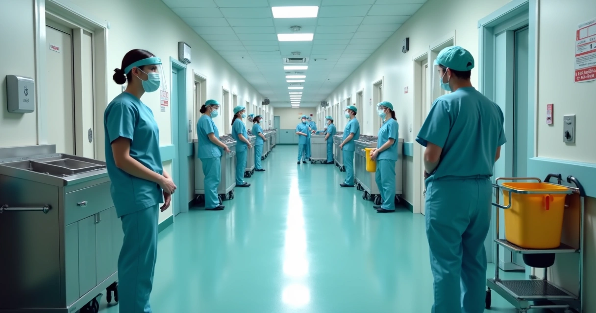 Profissionais de saúde com EPI em corredor hospitalar
