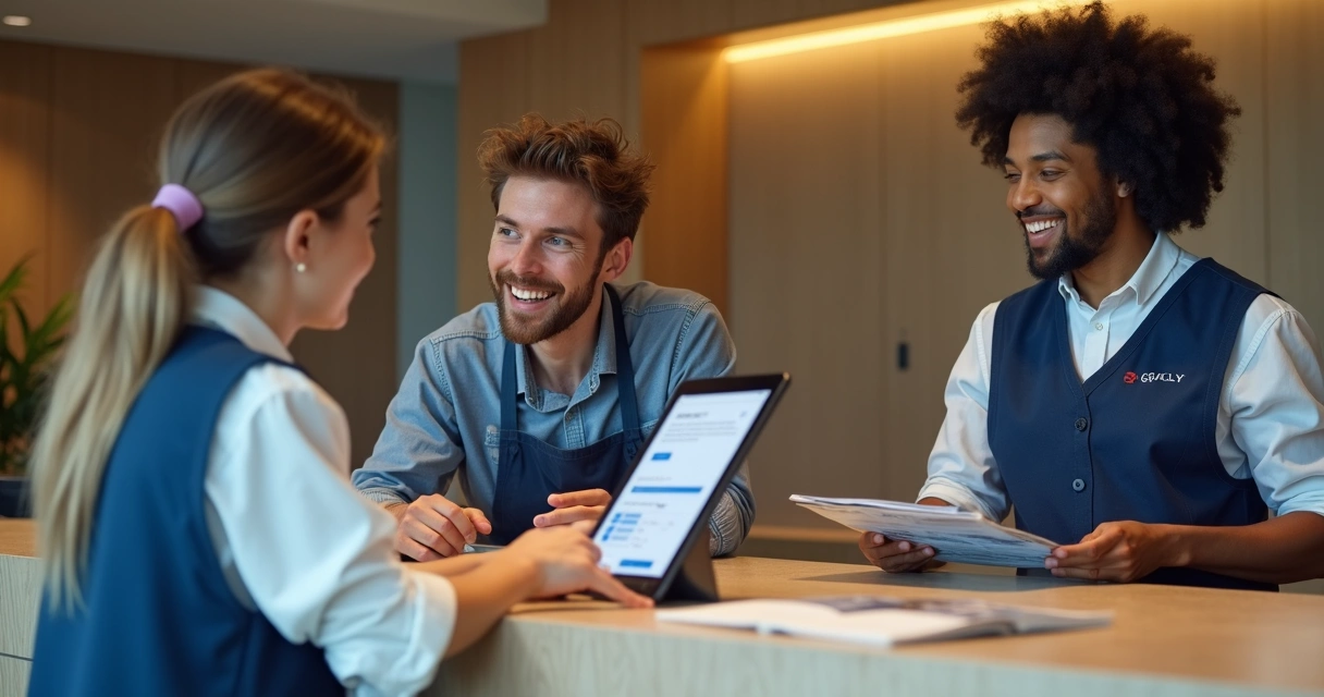 Equipe de hotel explicando programa de fidelidade para hóspede em balcão 