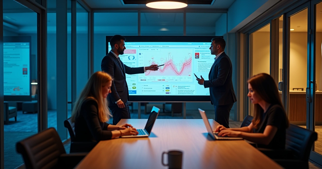 Equipe de hotel em reunião de emergência analisando crise nas redes sociais em telas enormes 