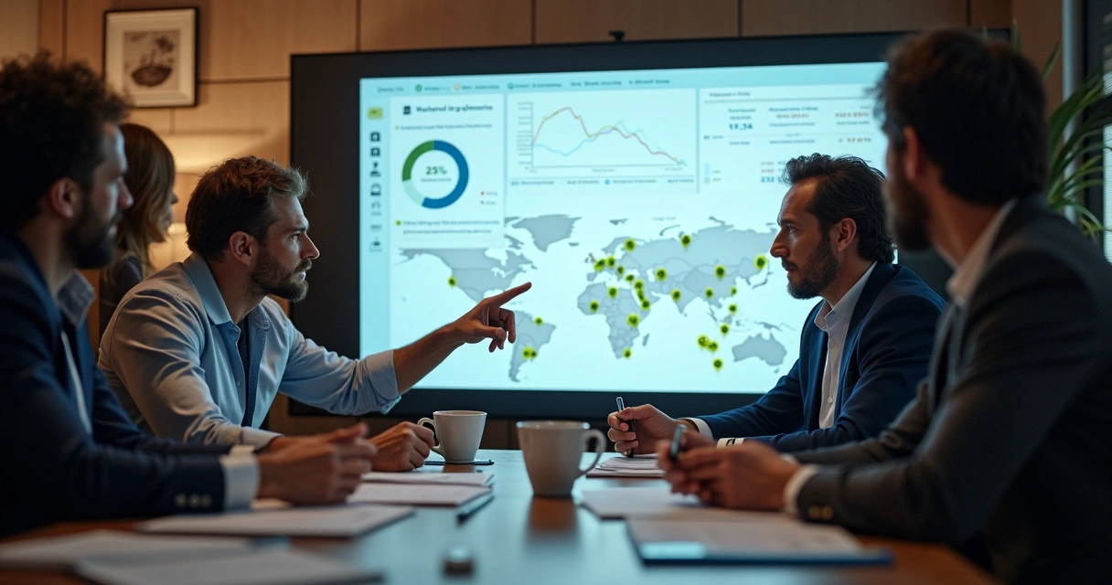 Equipe analisando dados de dashboard em escritório de hotel 