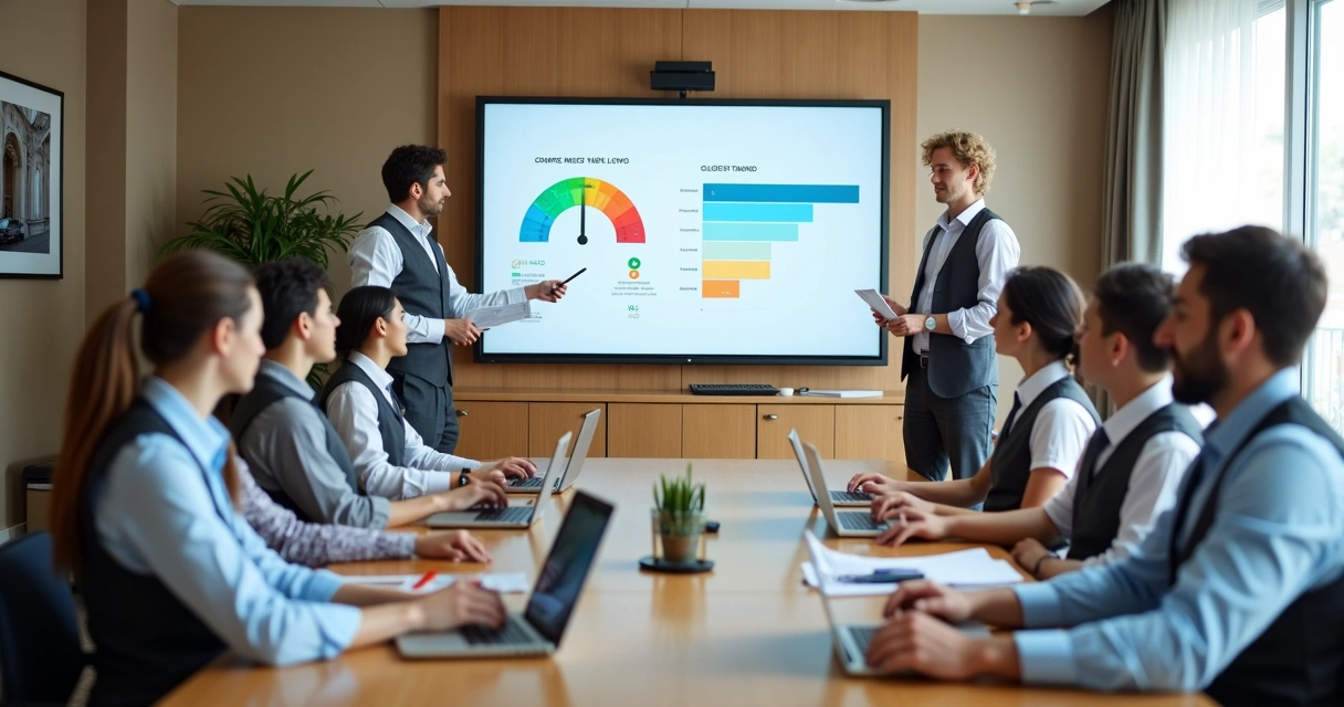 Equipe de hotel em treinamento analisando resultados de NPS em tela grande 