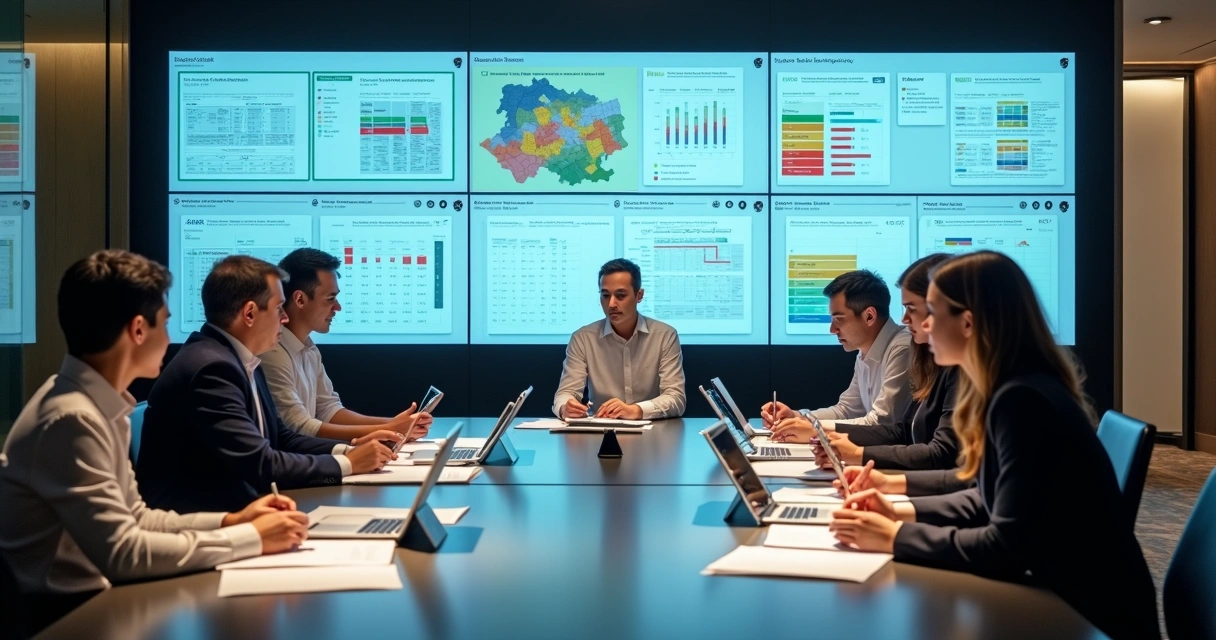 Equipe de hotel em sala de controle operacional com telas exibindo fluxo integrado de reservas 