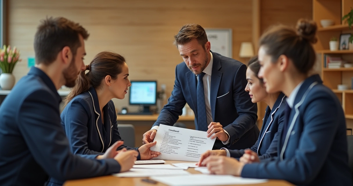 Equipe de hotel em treinamento com gerente explicando regras. 