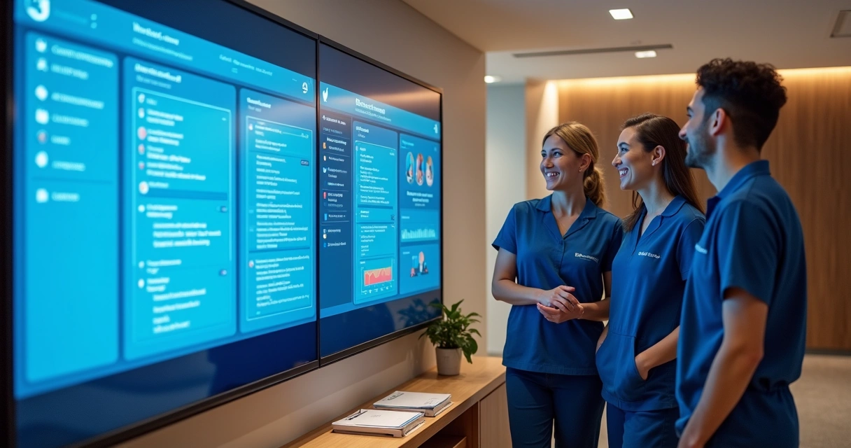 Equipe de hotelaria unida analisando telas de atendimento digital integradas 