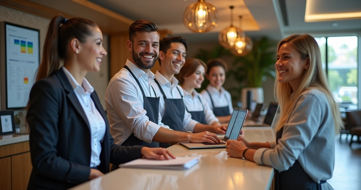 Equipe de recepção de hotel sorrindo no balcão 