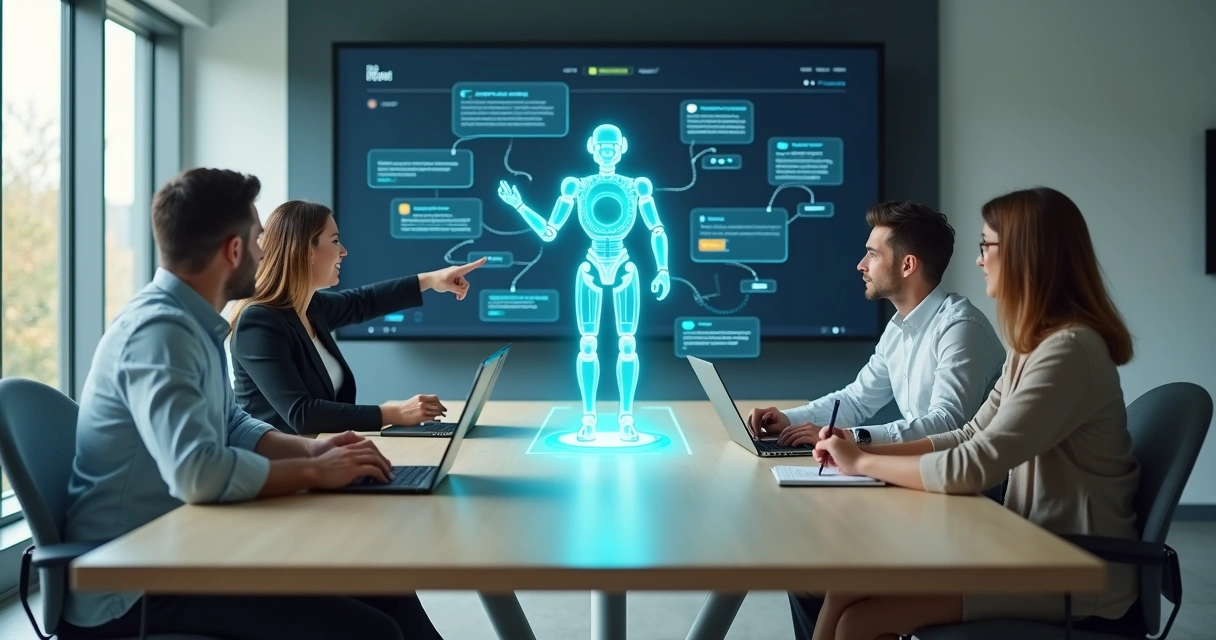 Equipe humana e chatbot holográfico colaborando em mesa de trabalho 