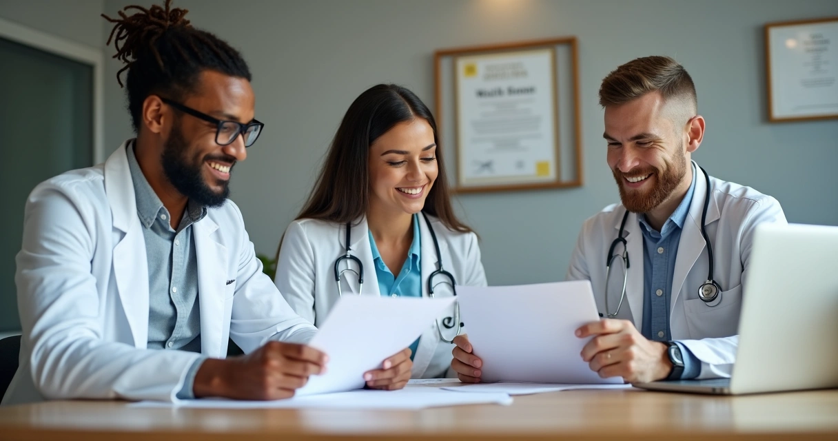 Equipe de profissionais de saúde revisando textos em clínica 