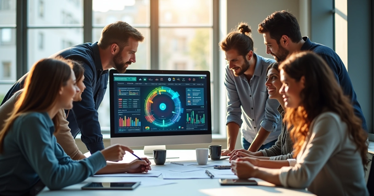 Equipe reunida em torno de um computador com dashboard de IA 