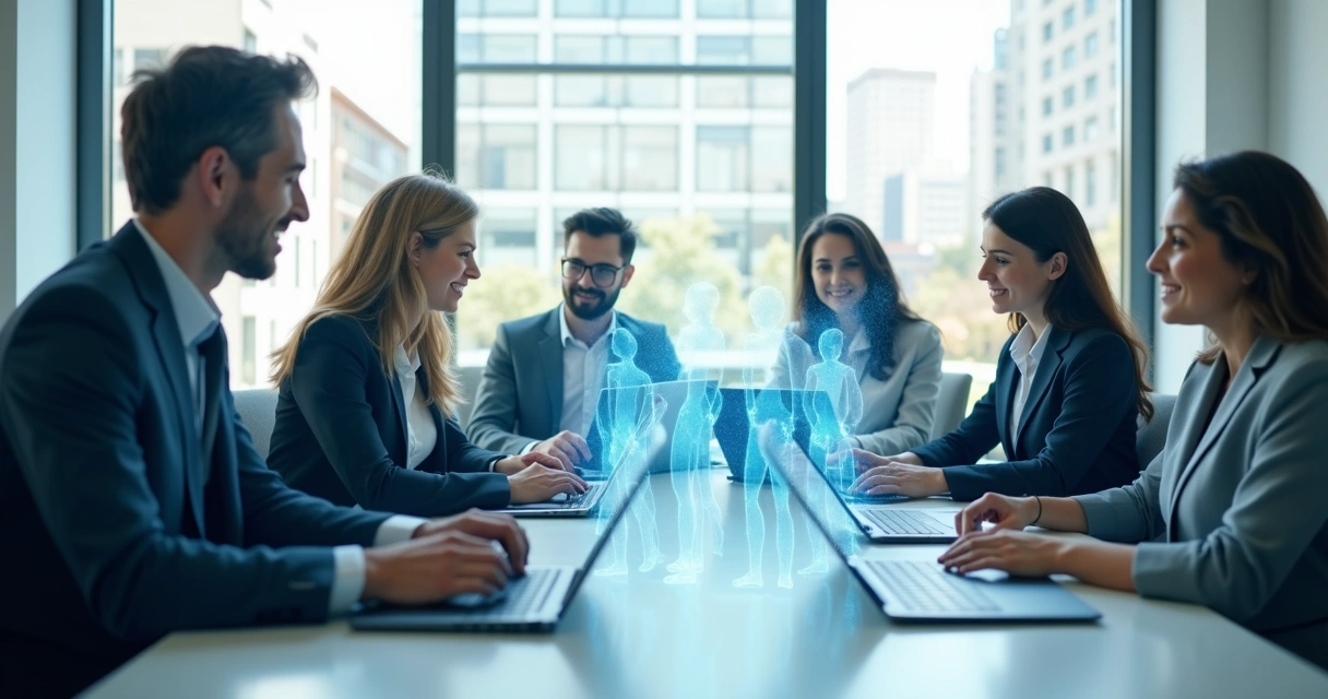 Equipe humana e assistentes digitais colaborando 