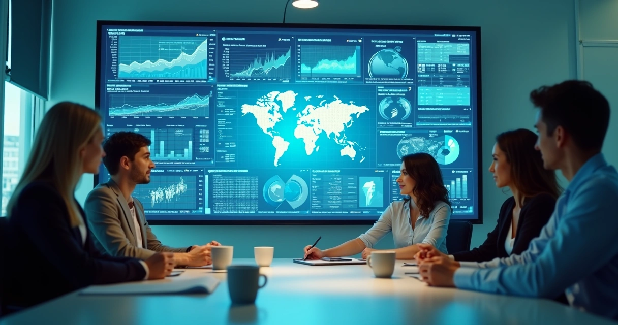 Equipe colaborando com assistente de IA em análise de dados
