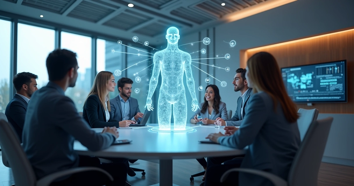 Equipe de trabalho com pessoas e assistente digital colaborando em ambiente moderno de escritório 