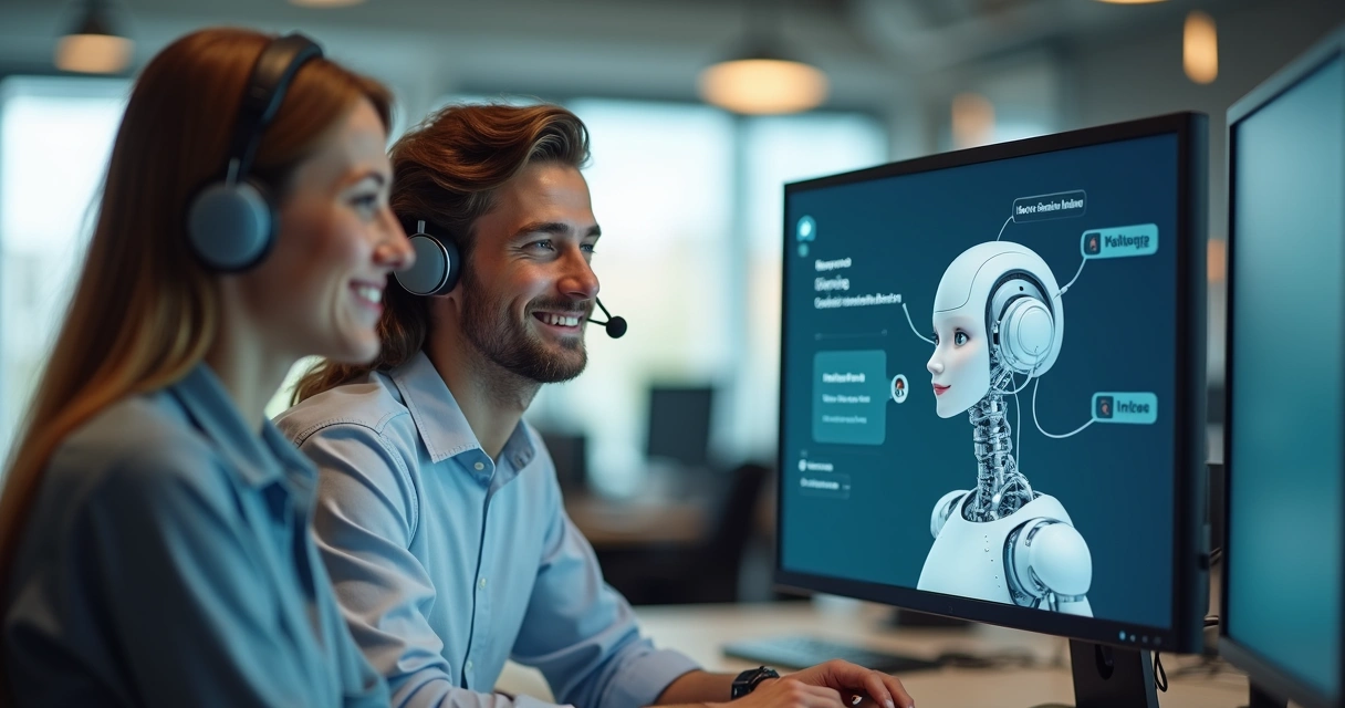 Atendente humano ao lado de chatbot na tela, sorrindo para cliente 