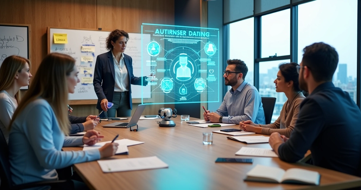 Profissionais em oficina de capacitação colaborando com hologramas de IA 