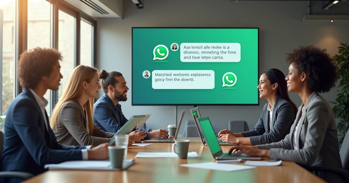 Equipe de vendas humana interagindo com assistente virtual em uma tela grande 