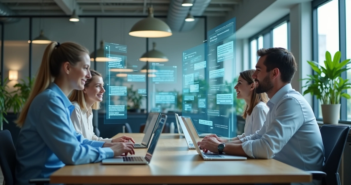 Equipe de vendas e IA trabalhando juntos em ambiente de BPO financeiro 