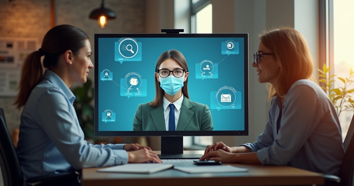 Equipe de pessoas e avatar de chatbot lado a lado no escritório 