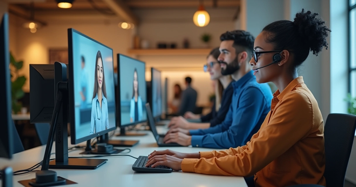 Profissionais e agentes digitais lado a lado em atendimento 