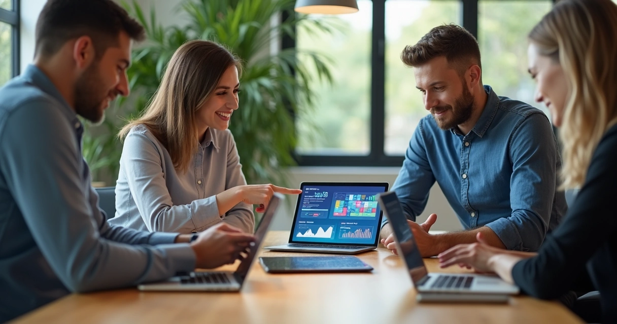 Profissionais em mesa de trabalho colaborando com tecnologia, tablet mostrando gráficos 