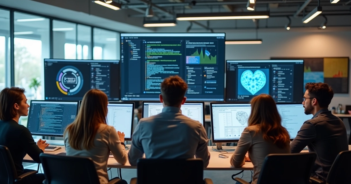Equipe técnica usando IA no desenvolvimento de software 