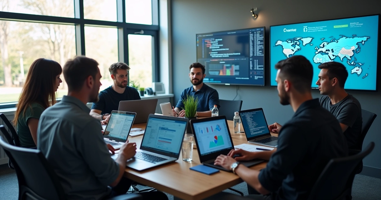 Equipe de tecnologia em reunião analisando dados em telas 
