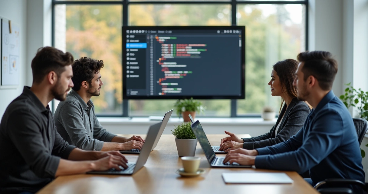 Equipe pequena reunida em torno de computadores em sala de reunião