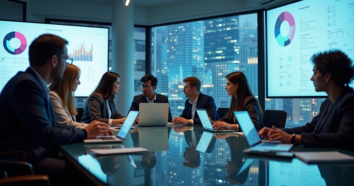 Equipe de marketing analisando dados de inteligência artificial em monitores 