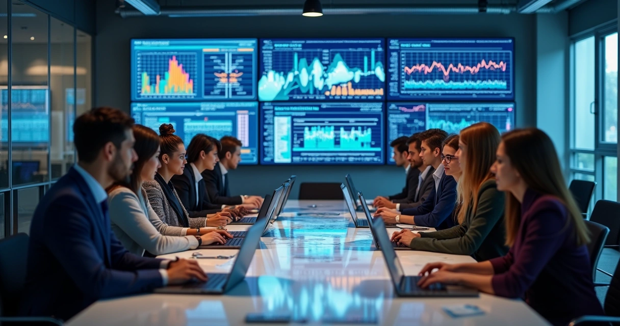 Equipe multidisciplinar reunida com telas de IA 