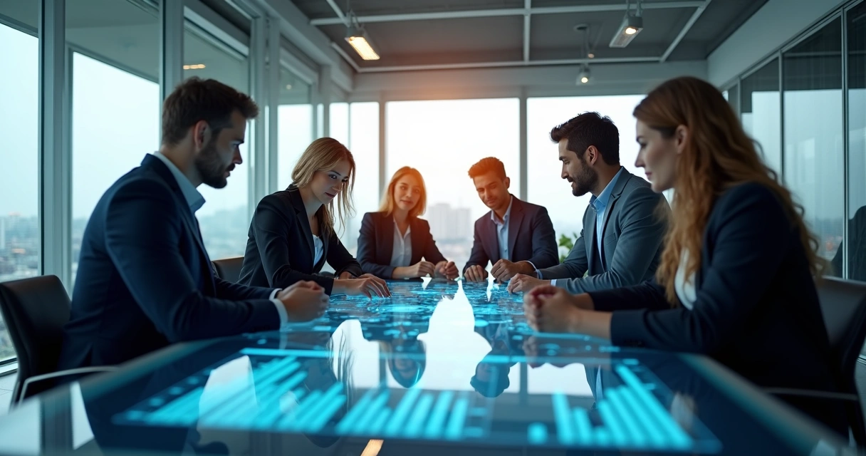 Equipe de negócios analisando gráficos digitais com IA, ambiente de escritório moderno, dados projetados na tela 