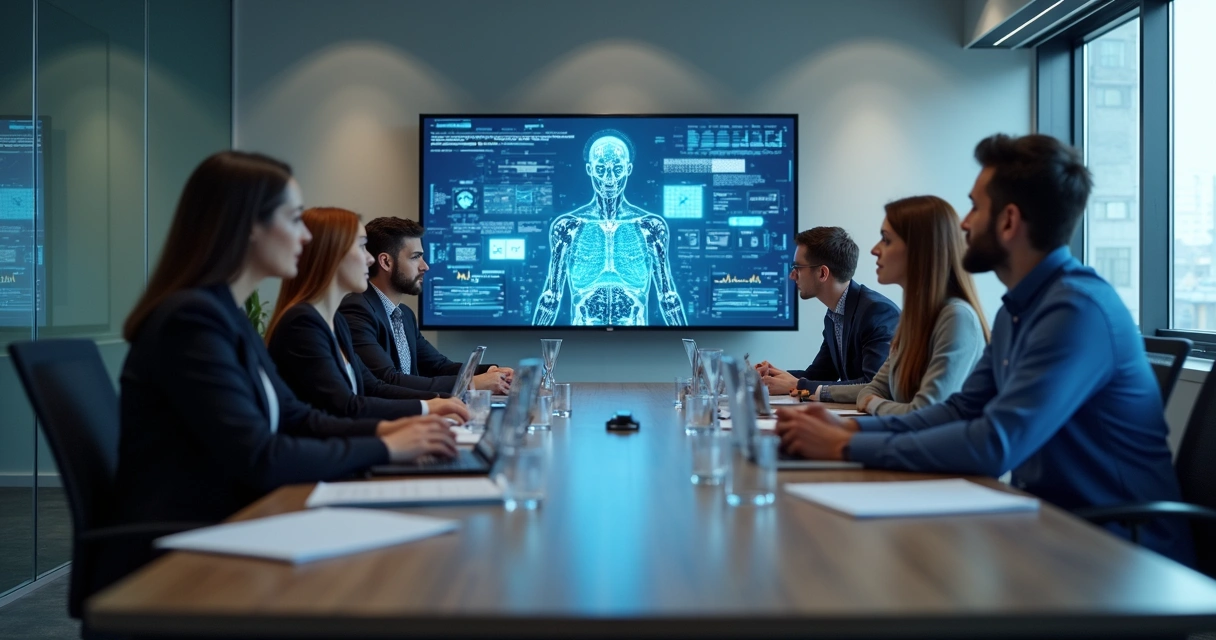Grupo diverso em reunião com IA na tela 