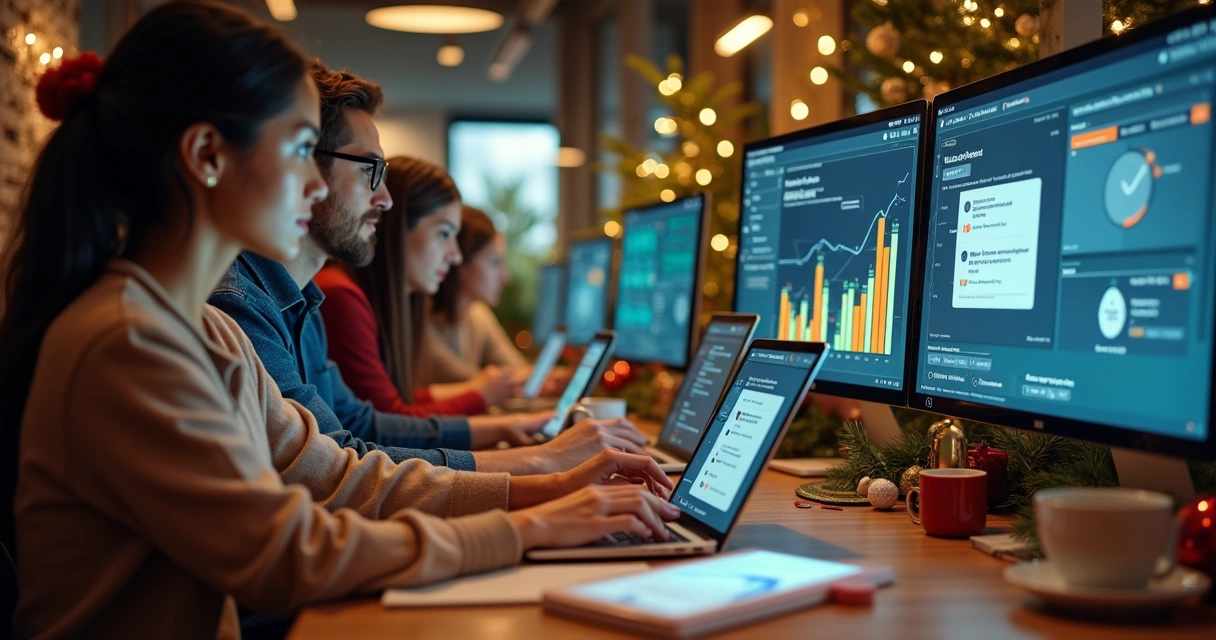 Equipe de vendas usando tecnologia IA em ambiente decorado para feriado 