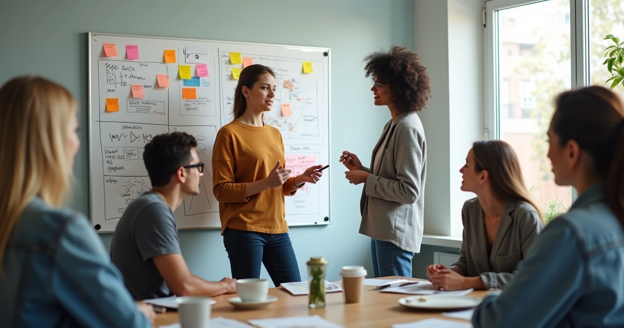 Grupo reunido diante de quadro com ideias coloridas