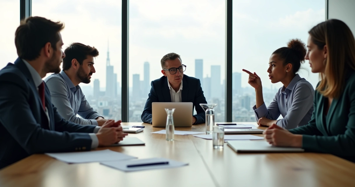 Equipe em reunião com clima tenso e expressões de imaturidade emocional 