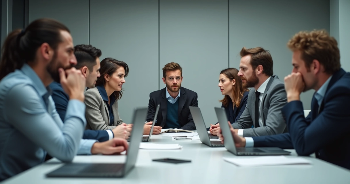 Equipe de trabalho com expressões tensas em sala de reunião 