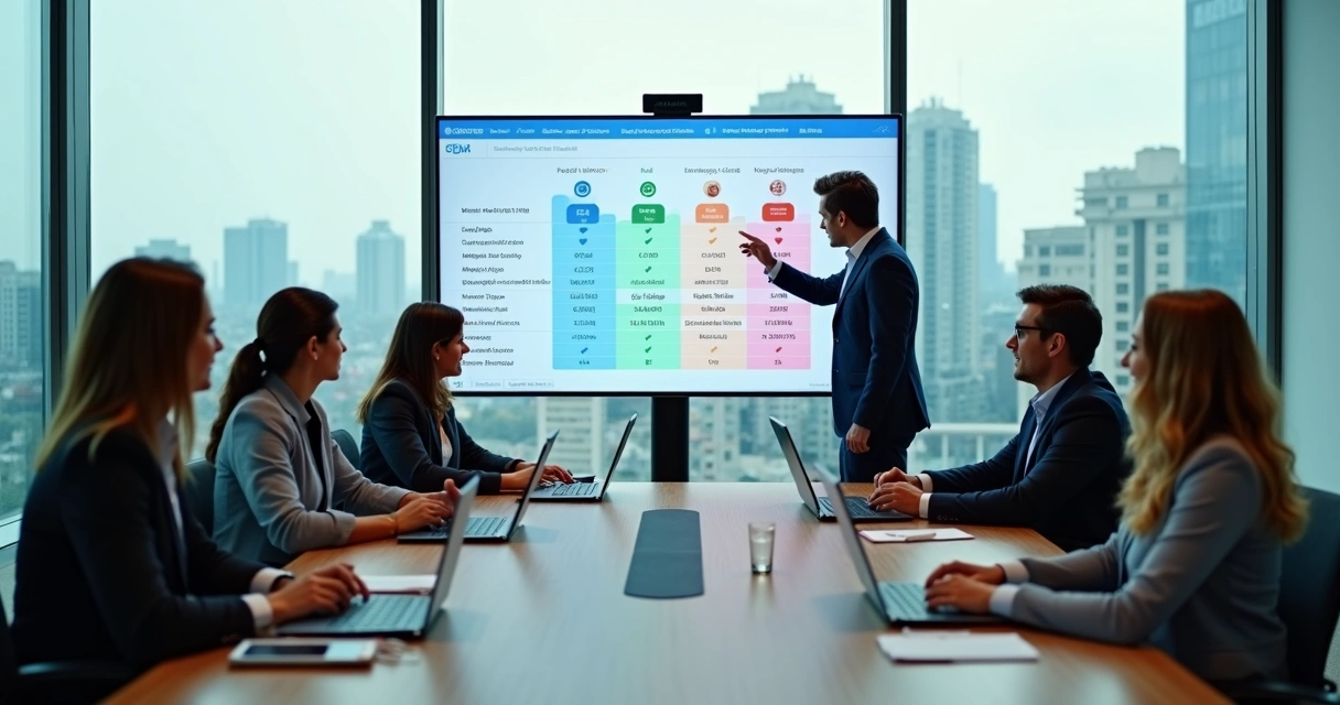 Pequena equipe de corretores imobiliários analisando painel comparativo de CRMs em grande tela digital 