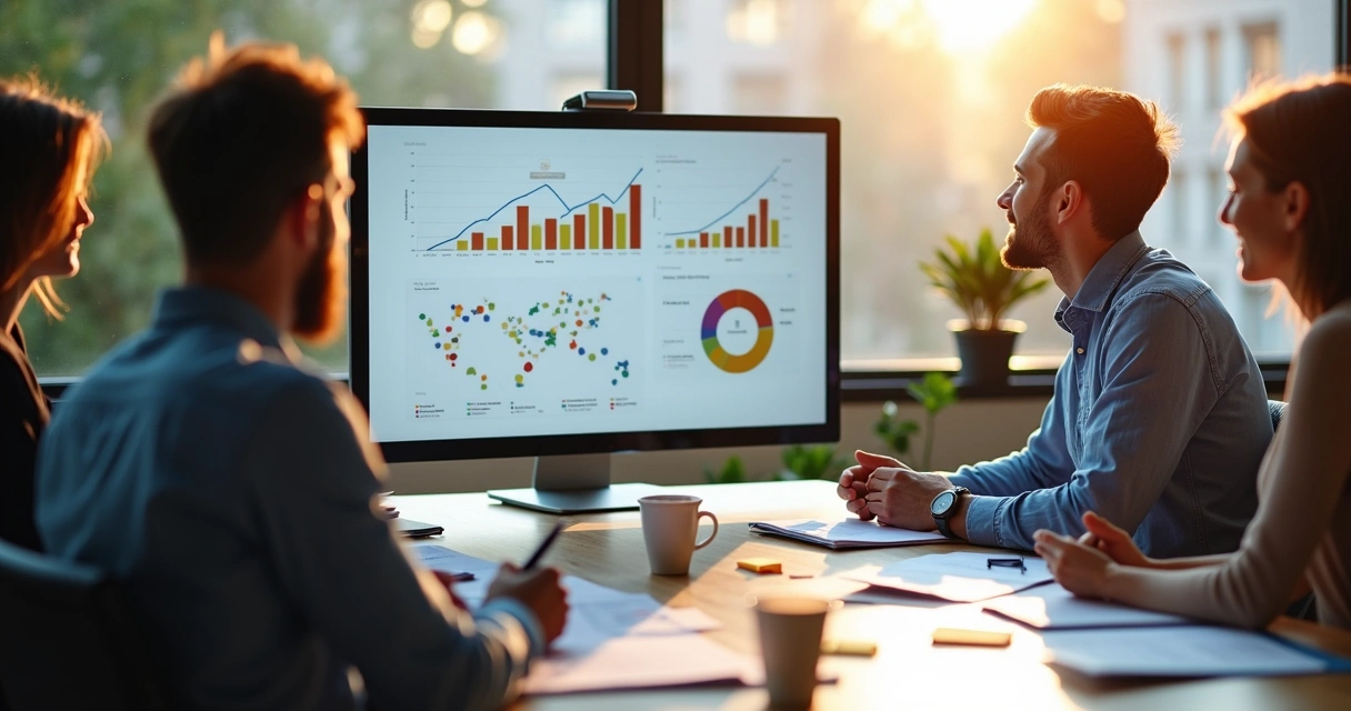 Equipe analisando dados de leads em escritório imobiliário 