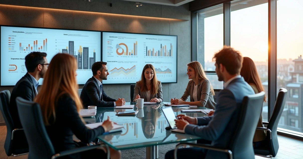 Equipe de marketing e vendas discutindo dados em sala de reunião moderna 