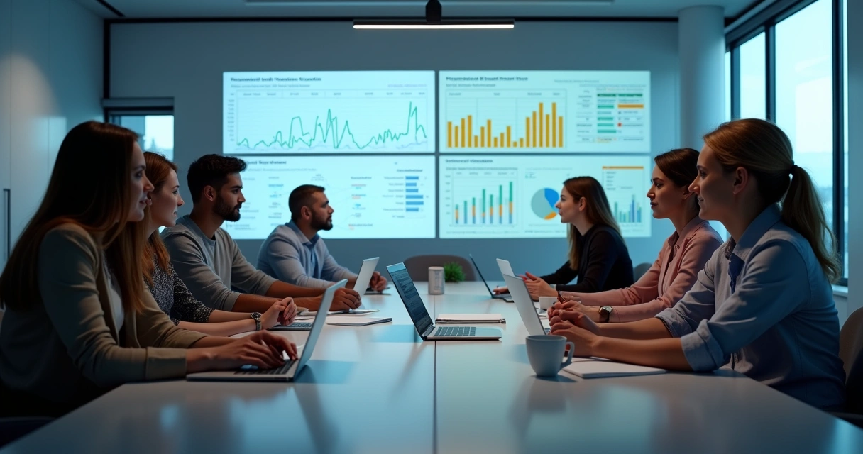 Equipe de imobiliária analisando gráficos de tempo de resposta em telas 