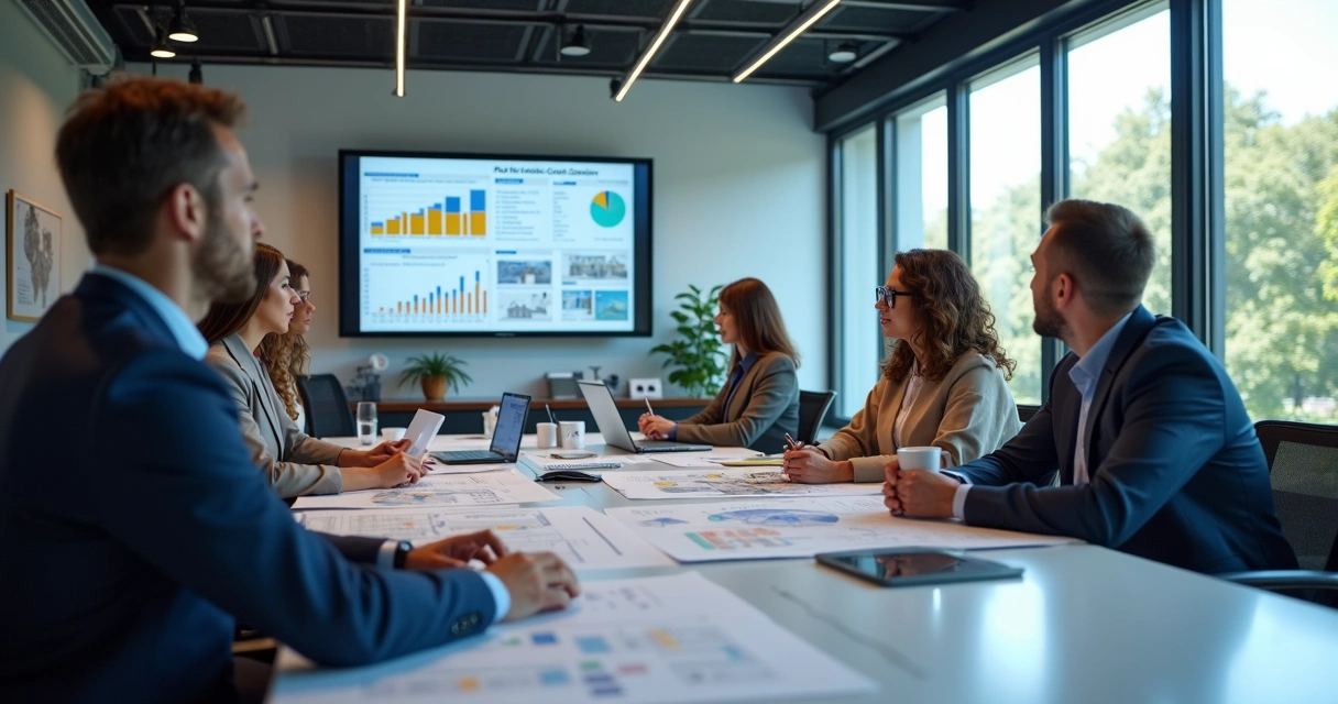 Equipe imobiliária avaliando relatórios digitais de IA 