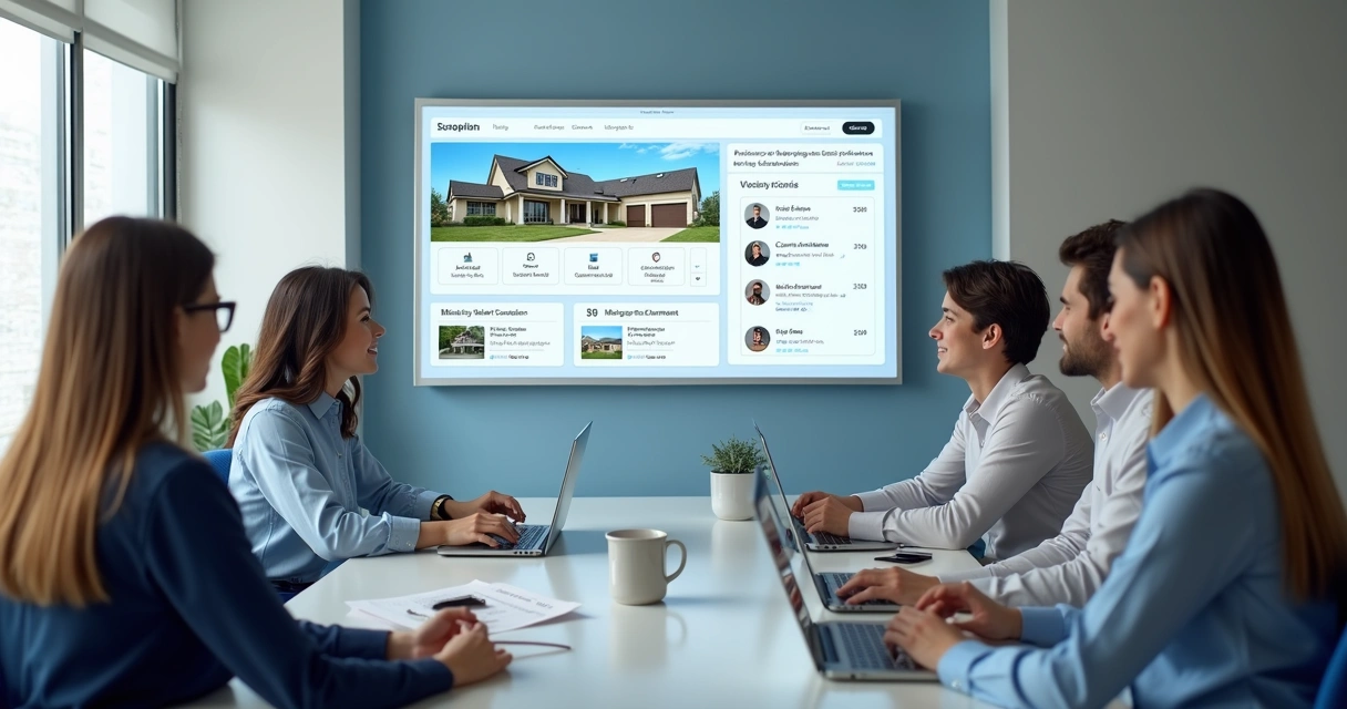 Equipe imobiliária usando sistema integrado com site e canais de atendimento