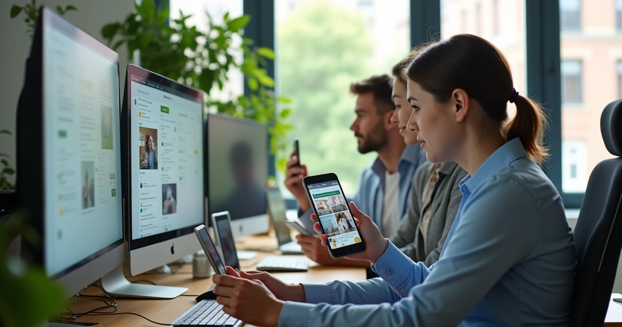 Equipe de imobiliária atendendo clientes digitalmente 