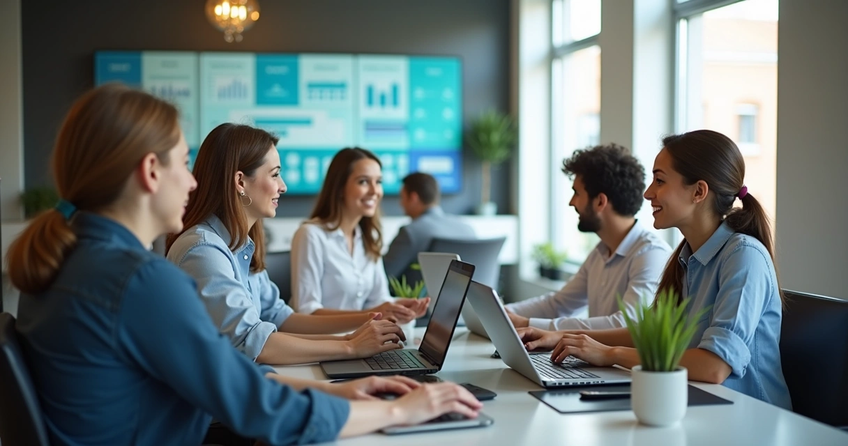 Equipe de imobiliária trabalhando em computadores com sistema de atendimento 