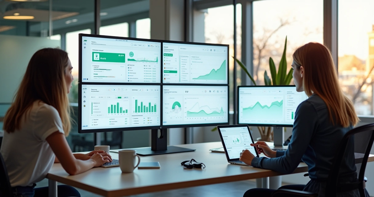 Equipe imobiliária reunida ao redor de uma mesa analisando leads em uma plataforma integrada 