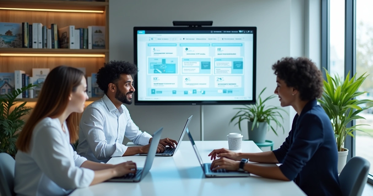 Equipe imobiliária analisando painel com automações digitais 